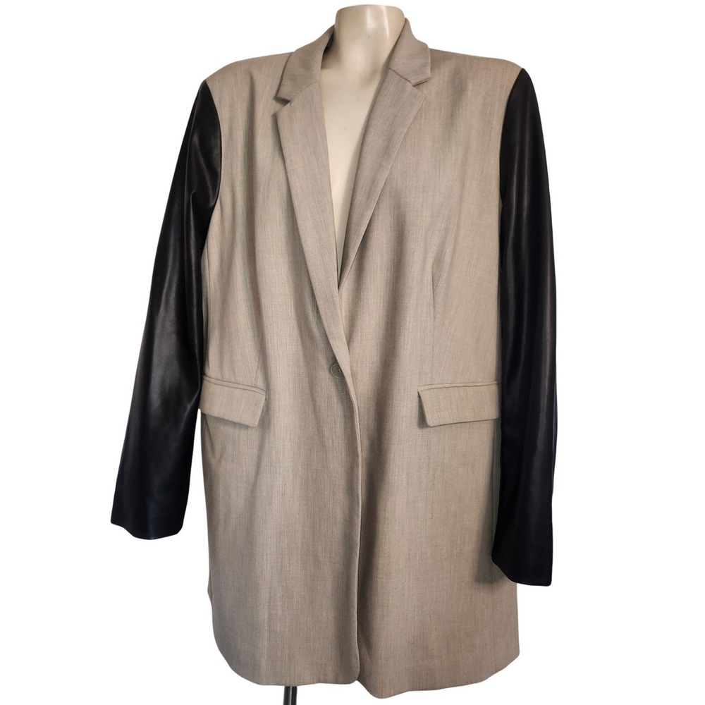DKNY Womens XL Tan Longline Blazer Black Faux Leather Sleeves Mixed Media Edgy